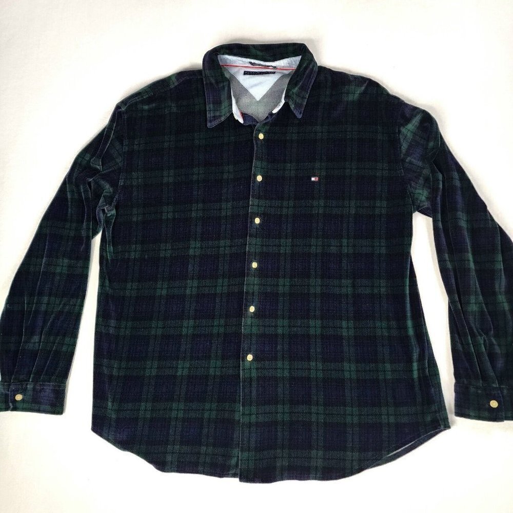 Vintage Tommy Hilfiger Flannel Shirt Jacket Men XXL Overshirt Green Blue Plaid